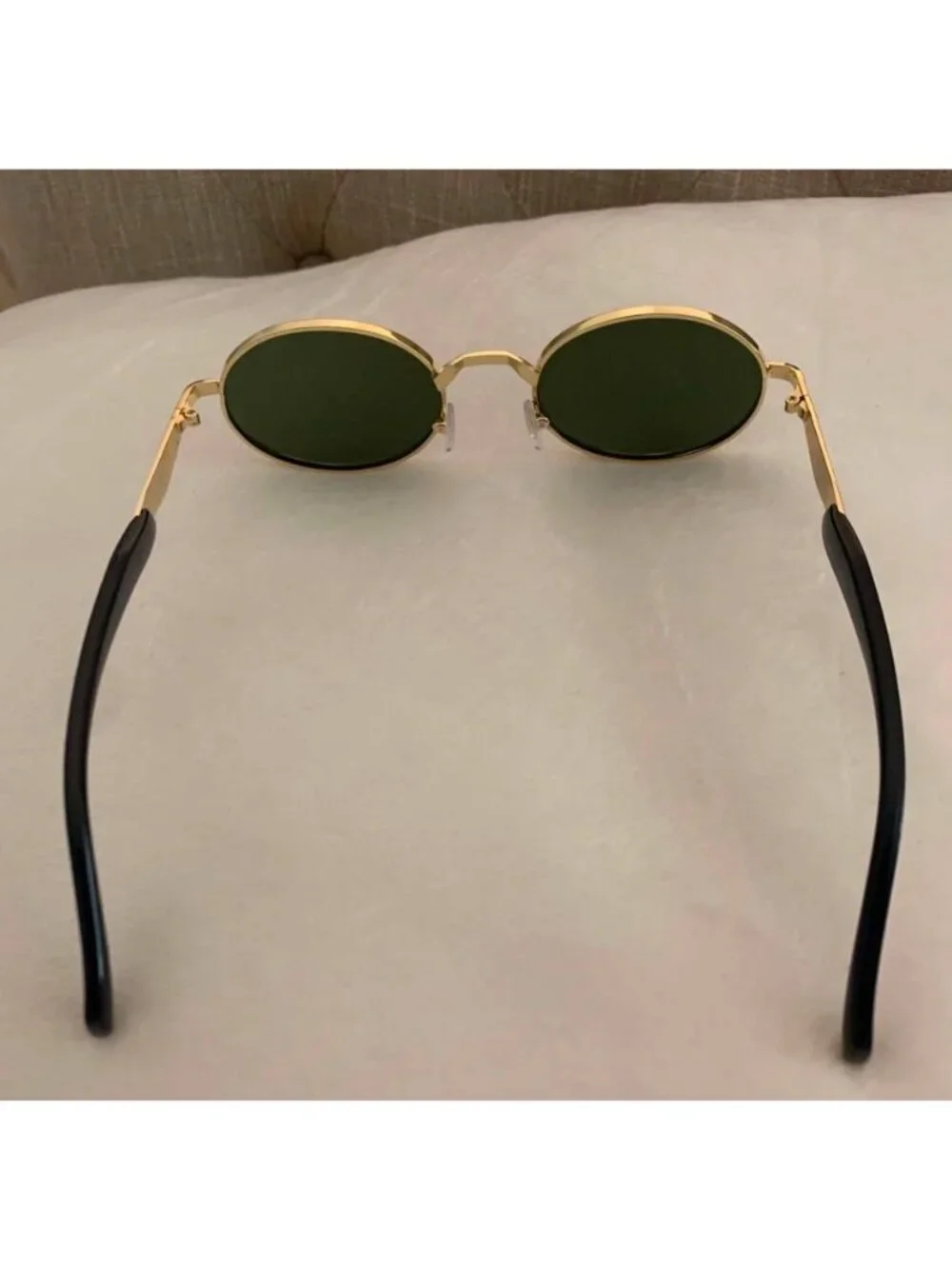 Unisex Oval Gold Frame Sunglasses With Green Lenses & Black Arms